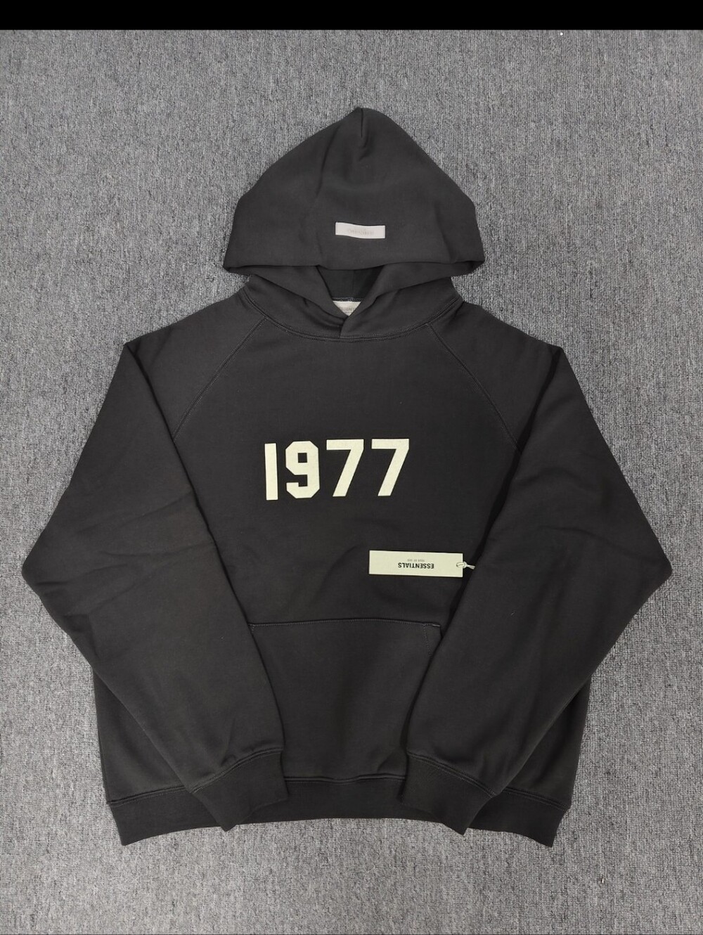 Essentials Fear of God Black Hoodie with 1977 Graphic